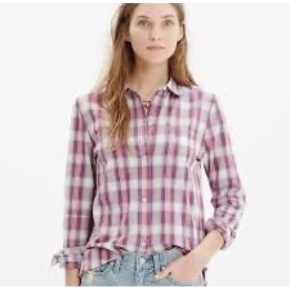 White Tops - Madewell Ex-Boyfriend Button Up Shirt Manhasset Plaid Pink White Classicore Sz L